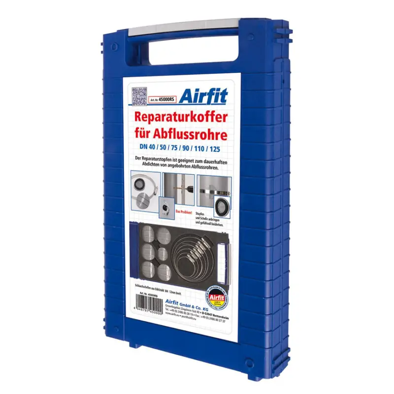 Airfit koffer, incl. reparatiepluggen + rvs slangklemmen voor rioolbuizen, 40/50/75/90/110/125 mm Finale Uitverkoop