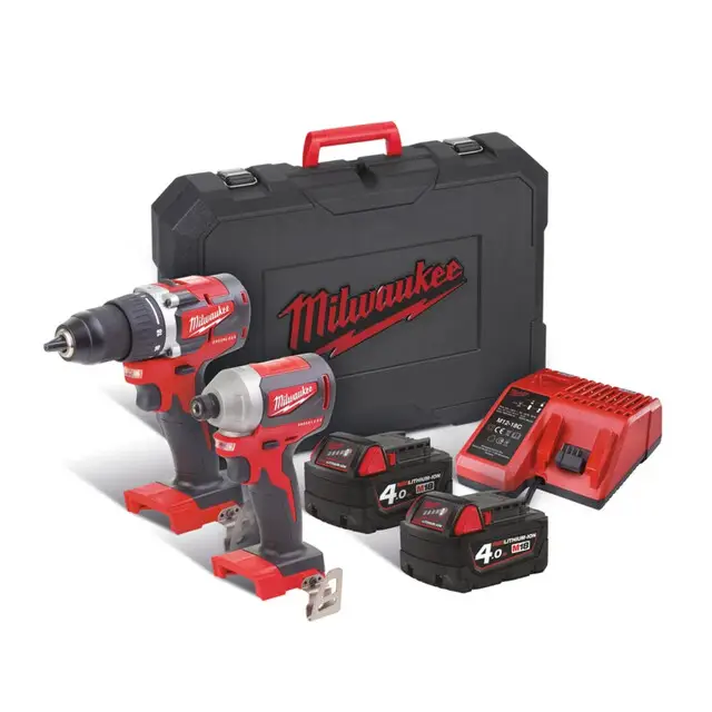 Milwaukee M18 compacte koolborstelloze powerpack (M18 CBLID, M18 CBLDD, 2xM18B4 accu, M12-18C lader) Op = Op