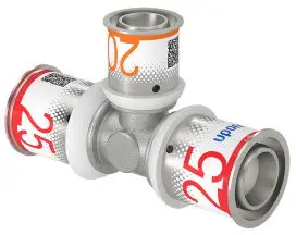 Uponor S-Press Plus verloop T-stuk 90° - pers x pers x pers - 25mm x 20mm x 25mm - messing - Kiwa Exclusief