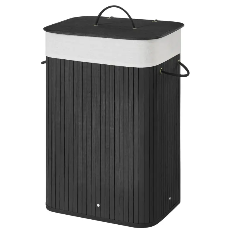 ACAZA - Bamboe Wasmand met Deksel - Katoenen Zak en Handvaten - 72L - Zwart Bulkbestelling