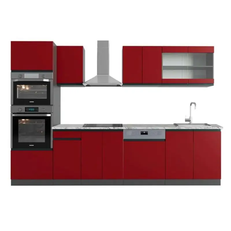 Aanbieding Vicco - Keuken R-line 300 Cm - Rood/antraciet - Werkblad Marmer