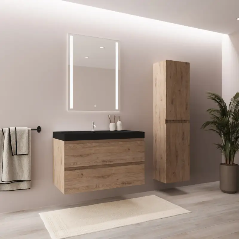 Voordeelprijs Lomazoo Badmeubelset Avalon 80 Cm - Licht Eiken - Wastafel Zwart