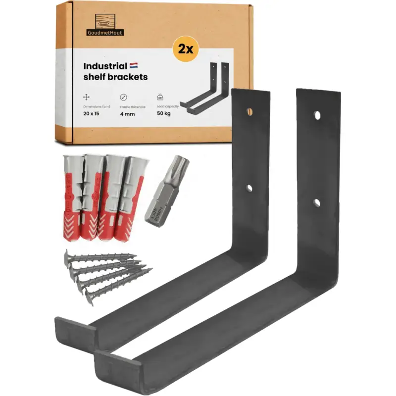 Weekendaanbieding GoudmetHout Industriële Plankdragers L-vorm UP 20 cm - Mat Blank - 4 cm x 20 cm x 15 cm