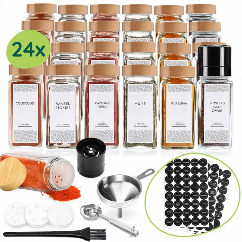 Xivada Glazen Kruidenpotjes Vierkant Met Bamboe Deksel - 24x - Kruiden Stickers Lage Prijs