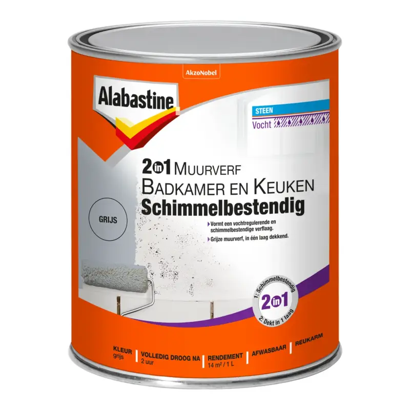 Alabastine 2in1 Muurverf badkamer en keuken grijs 1 L Alleen Vandaag