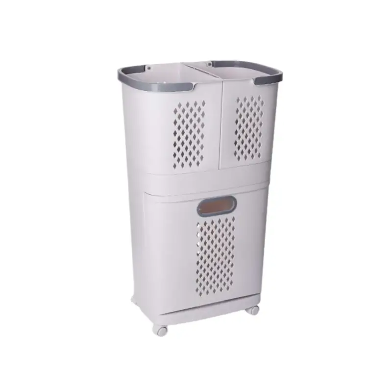 Ambachtelijk Flokoo - Wasmand 3 Vakken - Wit - Wasmand Met Wieltjes