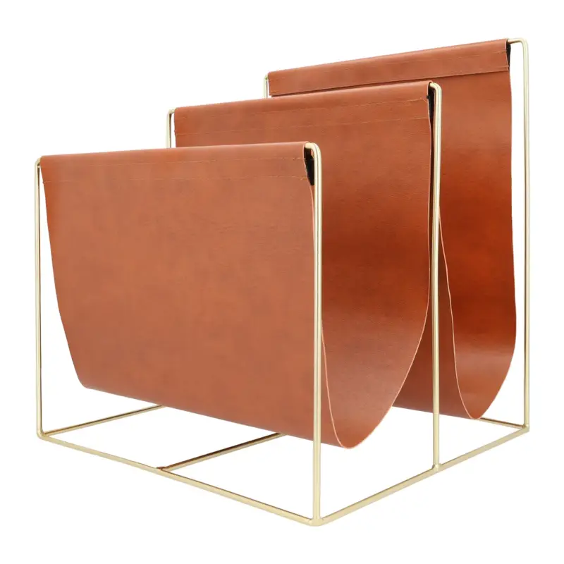 Weekendaanbieding Quvio Tijdschriftenrek - Metaal En Pu Leer - Lichtbruin En Goud